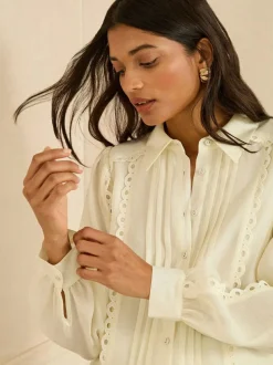 Love & Roses Petite Long Sleeve Button Through Lace Trim Shirt Ivory Best