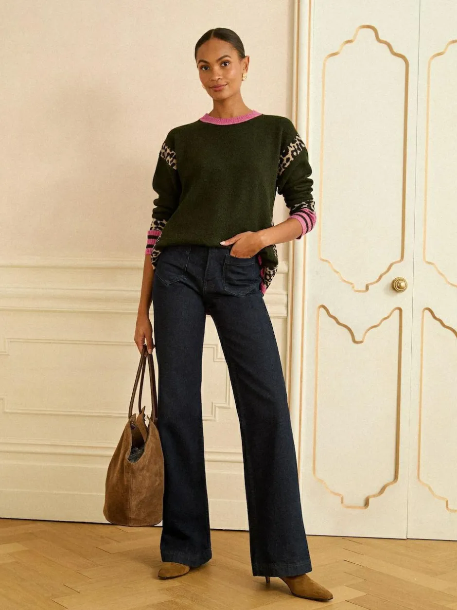 Love & Roses Khaki Green Animal Side Stripe Crew Neck Cosy Jumper Clearance