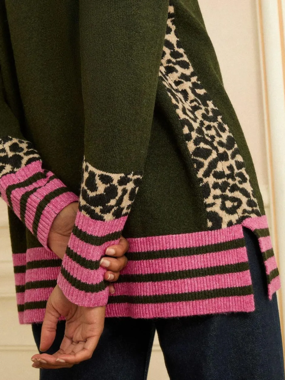 Love & Roses Khaki Green Animal Side Stripe Crew Neck Cosy Jumper Clearance