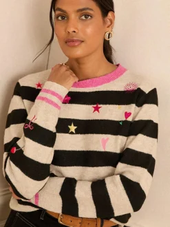 Love & Roses Stripe Embroidered Jumper Mono Stripe Embroidered Clearance