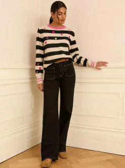 Love & Roses Stripe Embroidered Jumper Mono Stripe Embroidered Clearance
