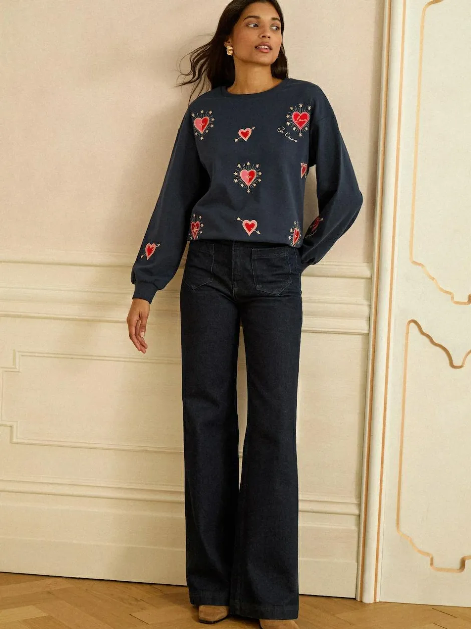Love & Roses Navy Blue Heart Embroidery Crew Neck Jersey Sweatshirt Sale
