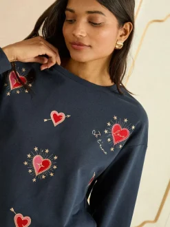Love & Roses Navy Blue Heart Embroidery Crew Neck Jersey Sweatshirt Sale