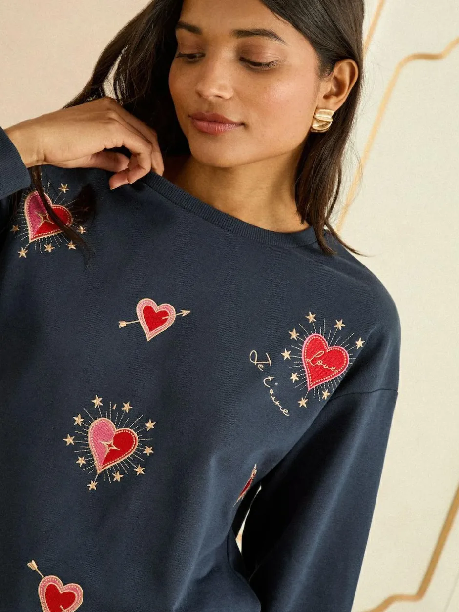Love & Roses Navy Blue Heart Embroidery Crew Neck Jersey Sweatshirt Sale