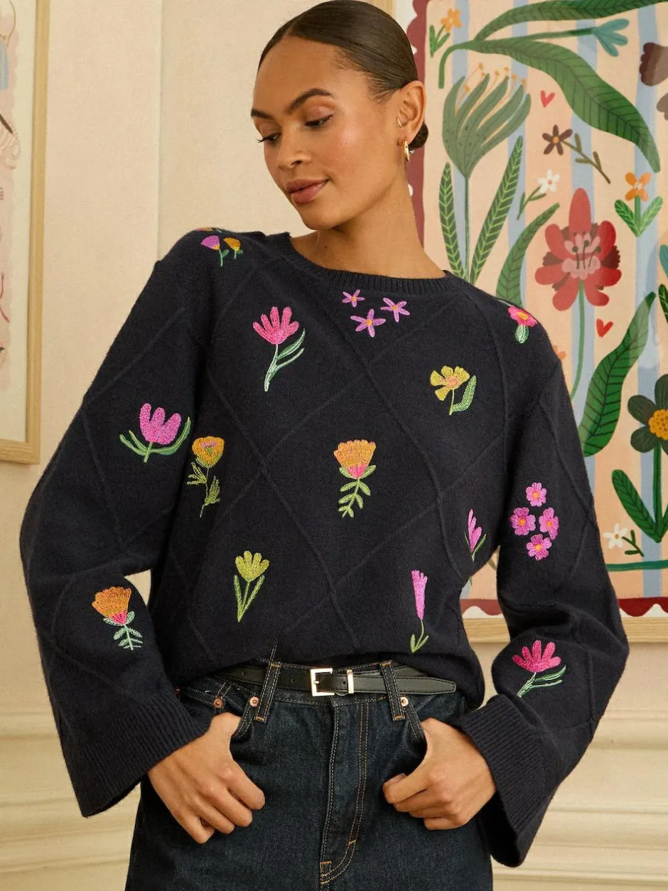 Love & Roses Embroidered Detail Knitted Jumper Navy