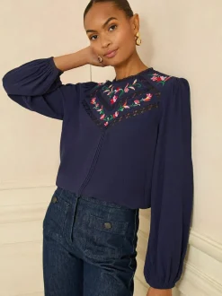 Love & Roses Navy Embroidered Crew Neck Long Sleeve Blouse Hot