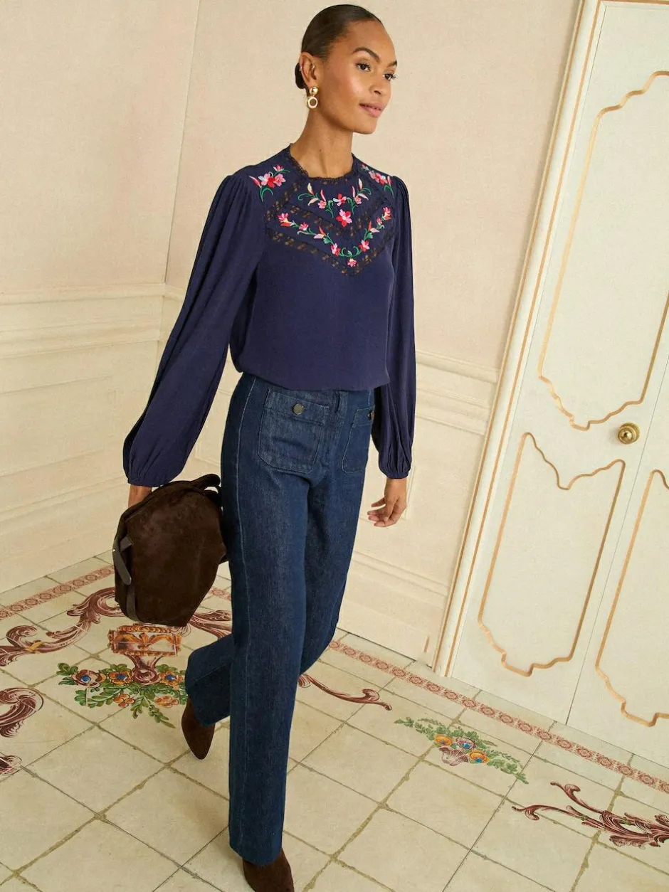 Love & Roses Navy Embroidered Crew Neck Long Sleeve Blouse Hot