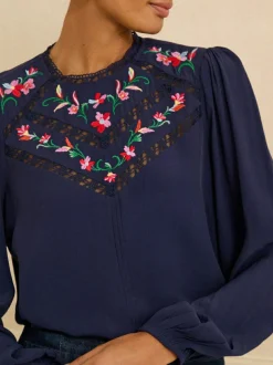 Love & Roses Navy Embroidered Crew Neck Long Sleeve Blouse Hot