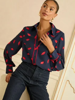 Love & Roses Long Sleeve Button Through Shirt Navy Lips Print Online