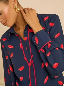 Love & Roses Long Sleeve Button Through Shirt Navy Lips Print Online