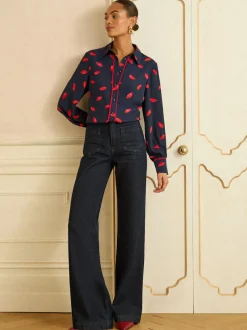 Love & Roses Long Sleeve Button Through Shirt Navy Lips Print Online