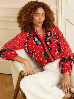 Love & Roses Red Animal Notch Neck Long Sleeve Blouse