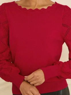 Love & Roses Red Bobble Stitch Scallop Knit Jumper Sale