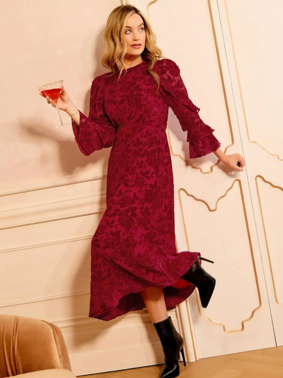 Love & Roses Burnout Ruffle Midi Dress Red Floral Hot