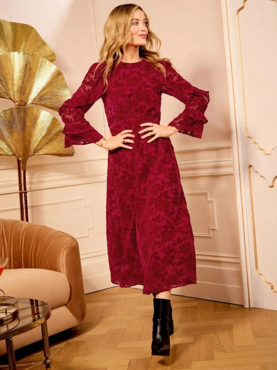 Love & Roses Burnout Ruffle Midi Dress Red Floral Hot