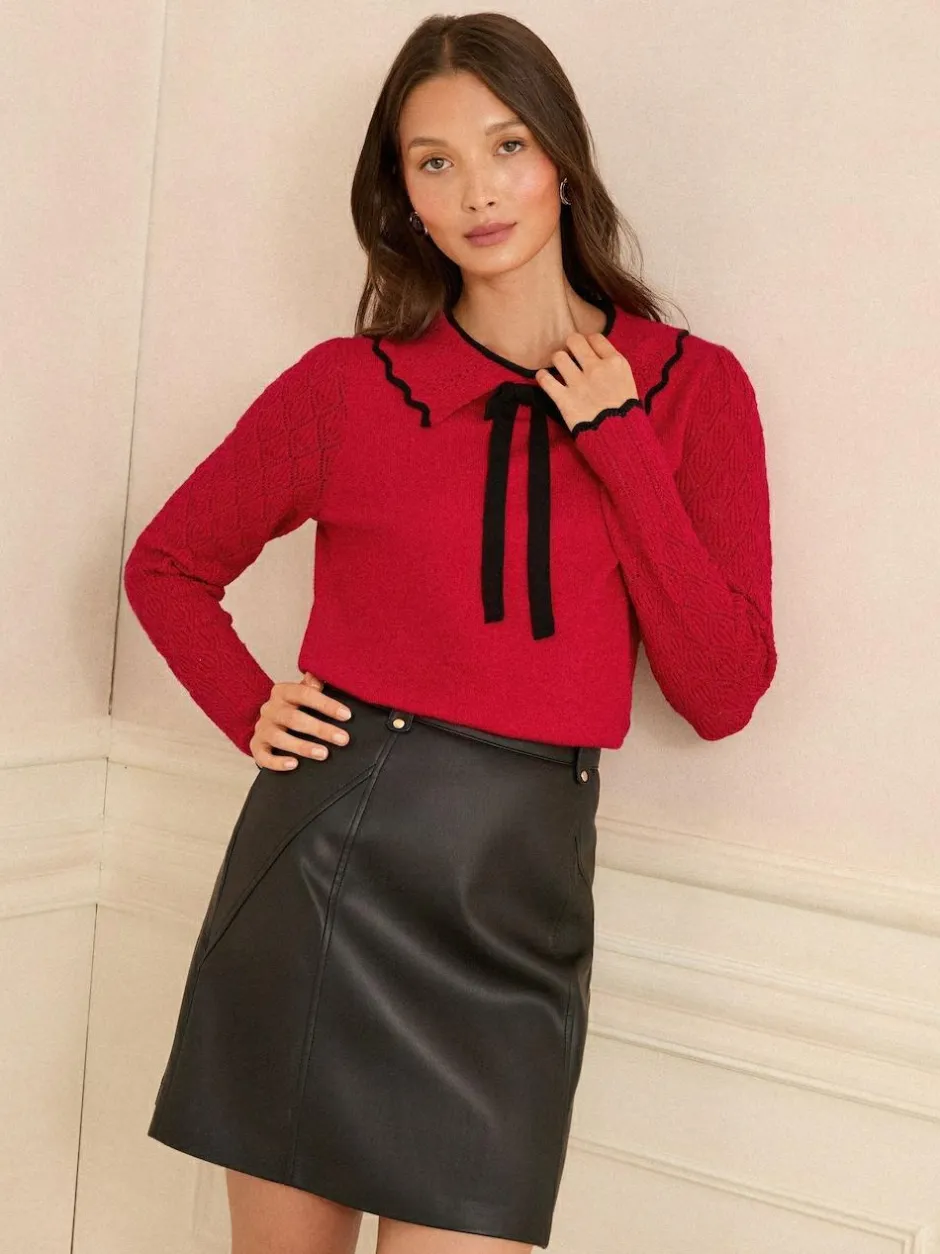 Love & Roses Knitted Collar Jumper Red Tipped Bow Sale