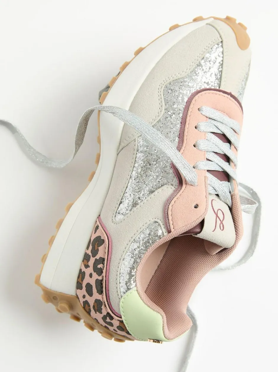 Love & Roses Mix Material Retro Comfort Jogger Trainers Silver Glitter Outlet