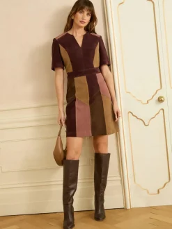 Love & Roses Tan Brown and Pink Faux Suede Mix Mini Dress New