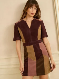 Love & Roses Tan Brown and Pink Faux Suede Mix Mini Dress New