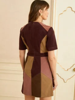 Love & Roses Tan Brown and Pink Faux Suede Mix Mini Dress New