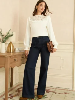 Love & Roses Knitted Jumper White Lace Yoke Outlet