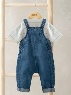 Mamas & Papas Blue Stripe T-Shirt And Denim Dungaree Set Clearance