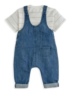 Mamas & Papas Blue Stripe T-Shirt And Denim Dungaree Set Clearance