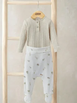 Mamas & Papas Cream 100% Cotton Rib Bodysuit and Safari Print Leggings Set Best