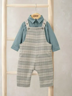 Mamas & Papas Cream Check Dungarees & Striped Shirt Set Clearance