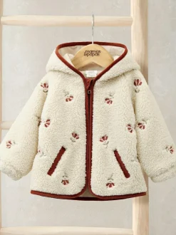 Mamas & Papas Cream Embroidered Hooded Borg Jacket Outlet