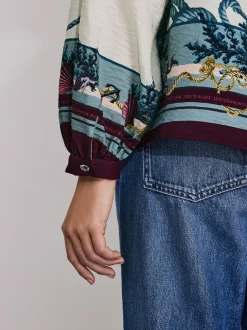 Next Keyhole Detail Relaxed Long Sleeve Blouse Marine Border Print