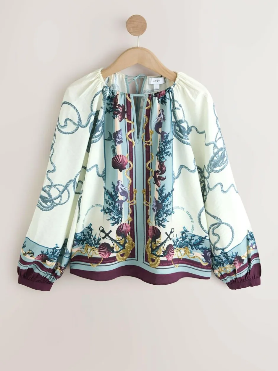 Next Keyhole Detail Relaxed Long Sleeve Blouse Marine Border Print