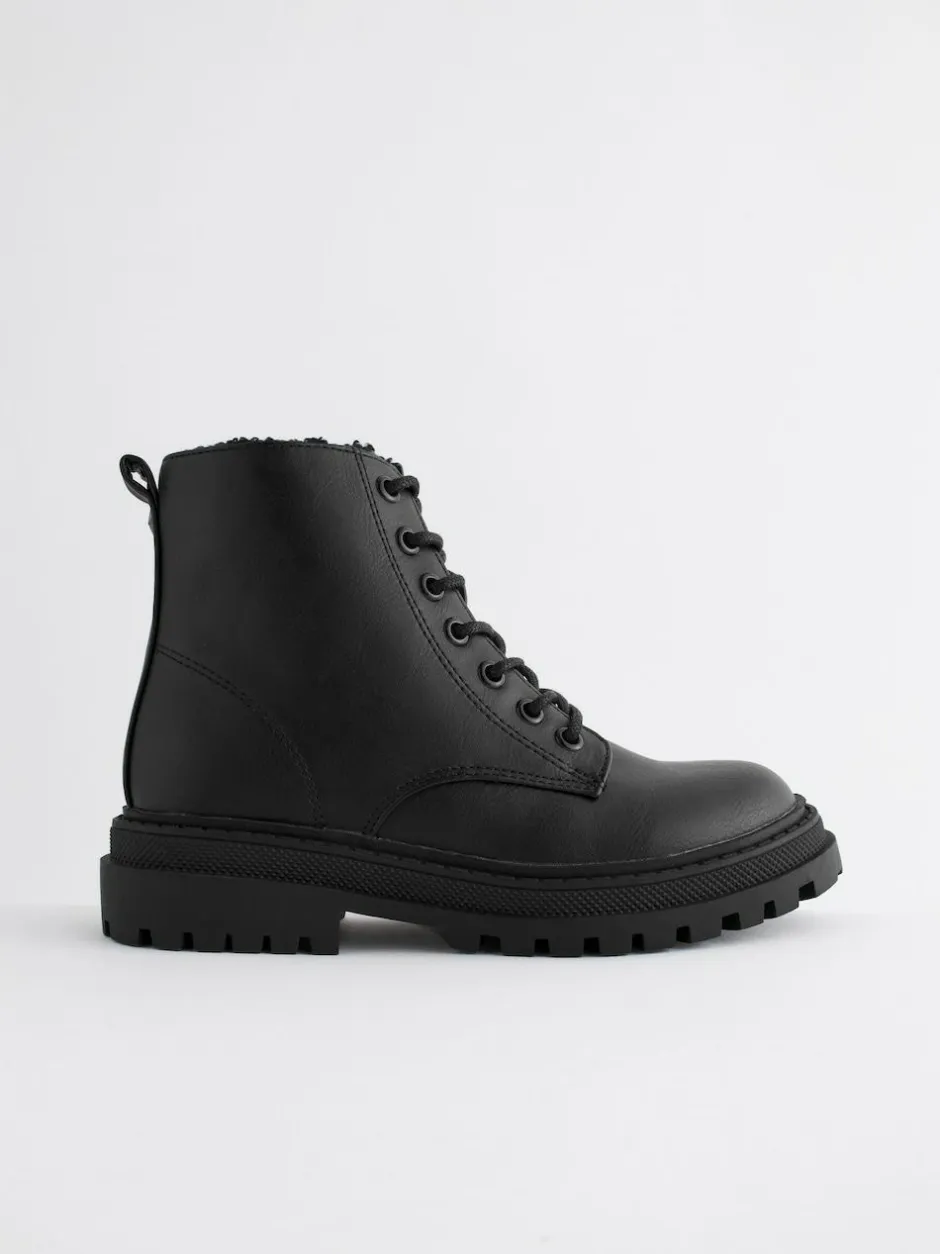 Next Matt Black Standard Fit (F) Warm Lined Lace-Up Ankle Boots Clearance