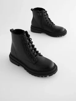 Next Matt Black Standard Fit (F) Warm Lined Lace-Up Ankle Boots Clearance
