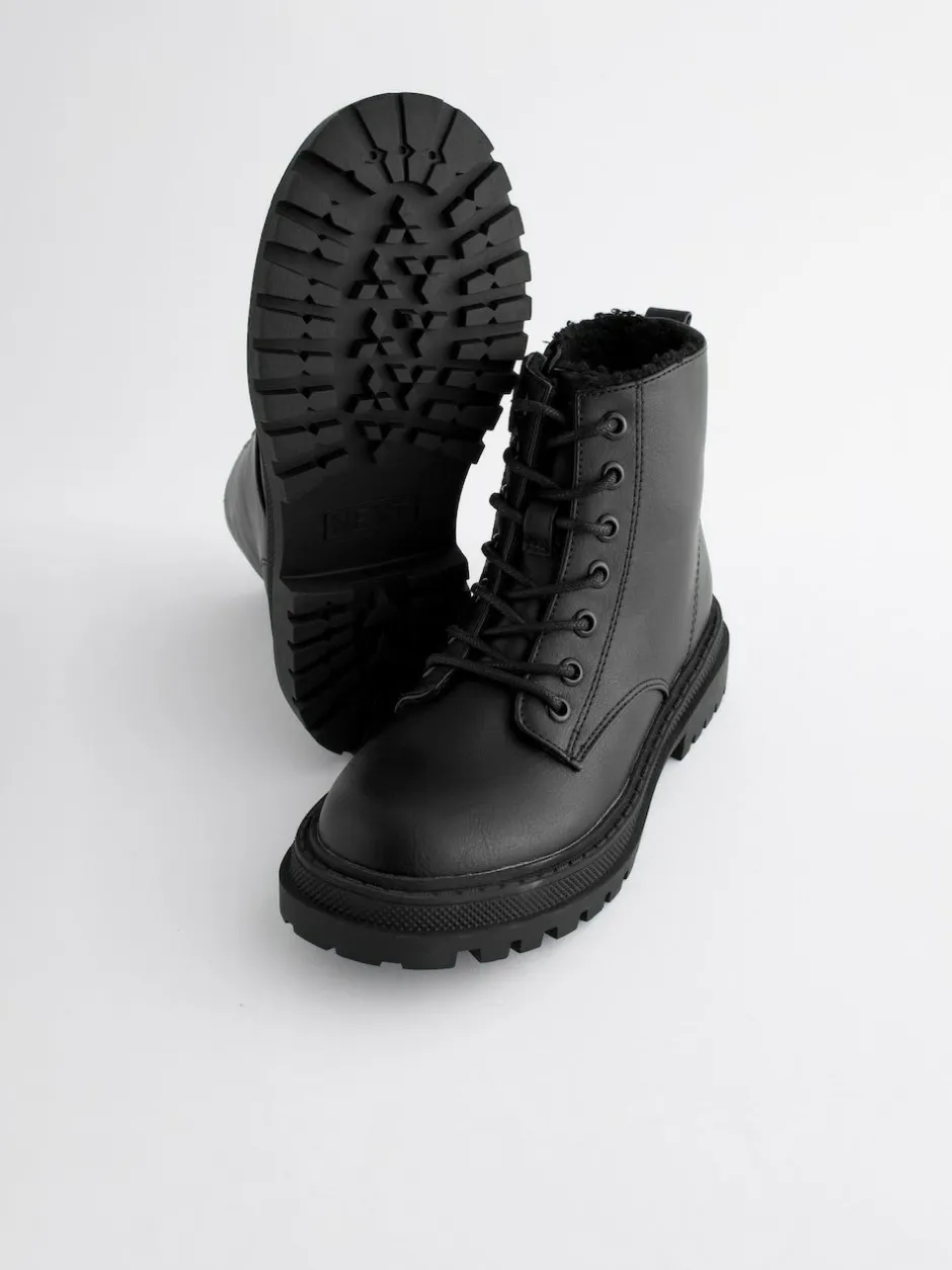 Next Matt Black Standard Fit (F) Warm Lined Lace-Up Ankle Boots Clearance