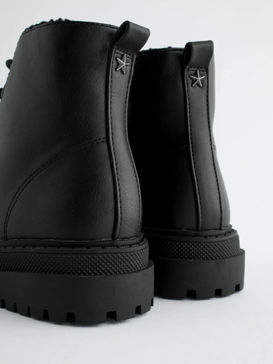 Next Matt Black Standard Fit (F) Warm Lined Lace-Up Ankle Boots Clearance