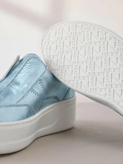Next Slip On Signature Leather Chunky Wedge Platform Trainers Metallic Outlet