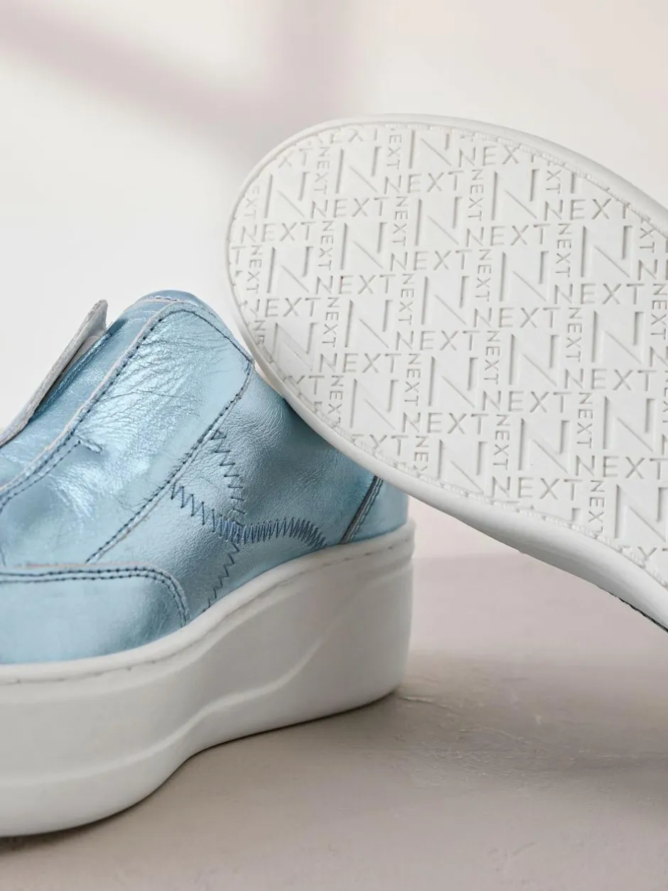 Next Slip On Signature Leather Chunky Wedge Platform Trainers Metallic Outlet