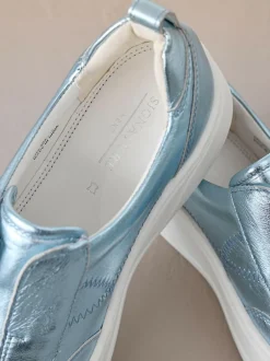 Next Slip On Signature Leather Chunky Wedge Platform Trainers Metallic Outlet