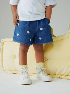 Next Mid Blue Daisy Embroidered Denim Shorts (3mths-7yrs) New