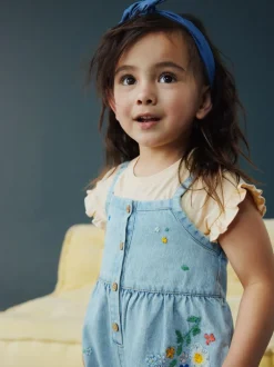 Next Mid Blue Floral Embroidered Denim Playsuit and T-Shirt (3mths-7yrs) New