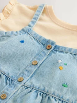 Next Mid Blue Floral Embroidered Denim Playsuit and T-Shirt (3mths-7yrs) New