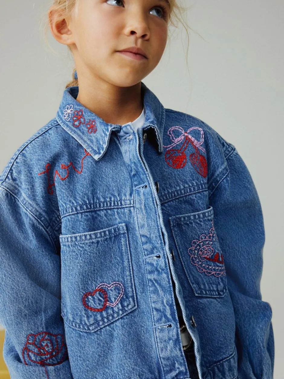 Next Mid Blue Heart Embroidered Denim Shacket (3-16yrs) Hot