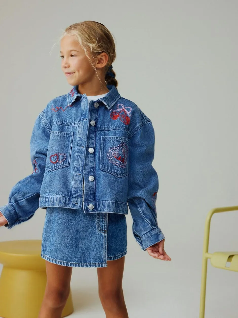 Next Mid Blue Heart Embroidered Denim Shacket (3-16yrs) Hot