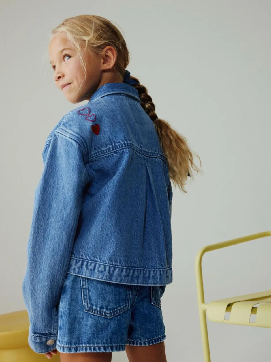 Next Mid Blue Heart Embroidered Denim Shacket (3-16yrs) Hot