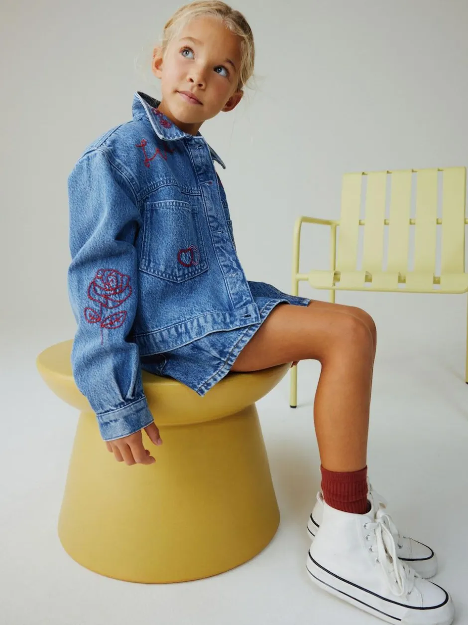 Next Mid Blue Heart Embroidered Denim Shacket (3-16yrs) Hot