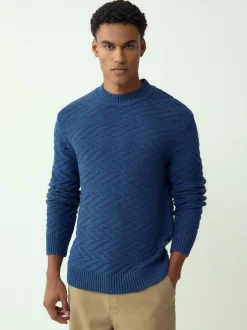 Next Regular Fit Cotton Rich Chevron Cable Crew Neck Jumper Mid Blue