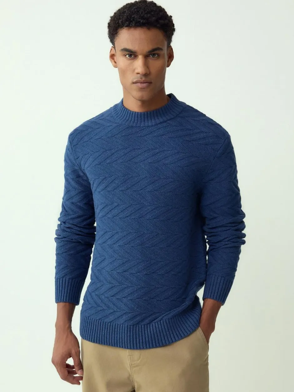 Next Regular Fit Cotton Rich Chevron Cable Crew Neck Jumper Mid Blue