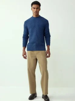 Next Regular Fit Cotton Rich Chevron Cable Crew Neck Jumper Mid Blue