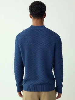 Next Regular Fit Cotton Rich Chevron Cable Crew Neck Jumper Mid Blue